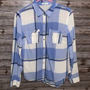 Button down plaid shirt with crochet sides. Size L